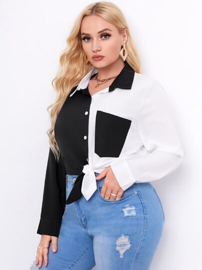 قميص ألوان متباينة أزرار أمامية جيب مقاس كبير