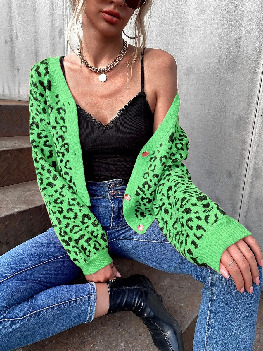 豹紋圖案前紐扣V領短款開衫 - 彩色 - 查看 1
