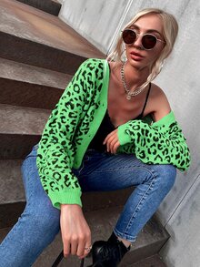 豹紋圖案前紐扣V領短款開衫 - 彩色 - 查看 3