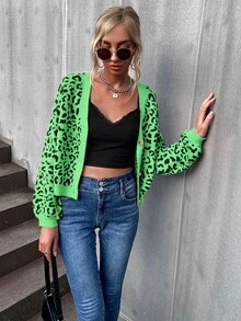 豹紋圖案前紐扣V領短款開衫 - 彩色 - 查看 4