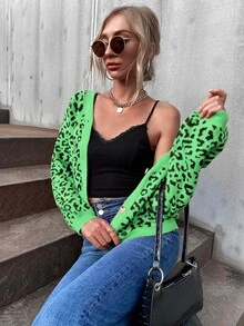 豹紋圖案前紐扣V領短款開衫 - 彩色 - 查看 5
