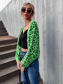 豹紋圖案前紐扣V領短款開衫 - 彩色 - 查看 6