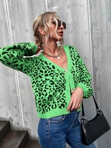 豹紋圖案前紐扣V領短款開衫 - 彩色 - 查看 7