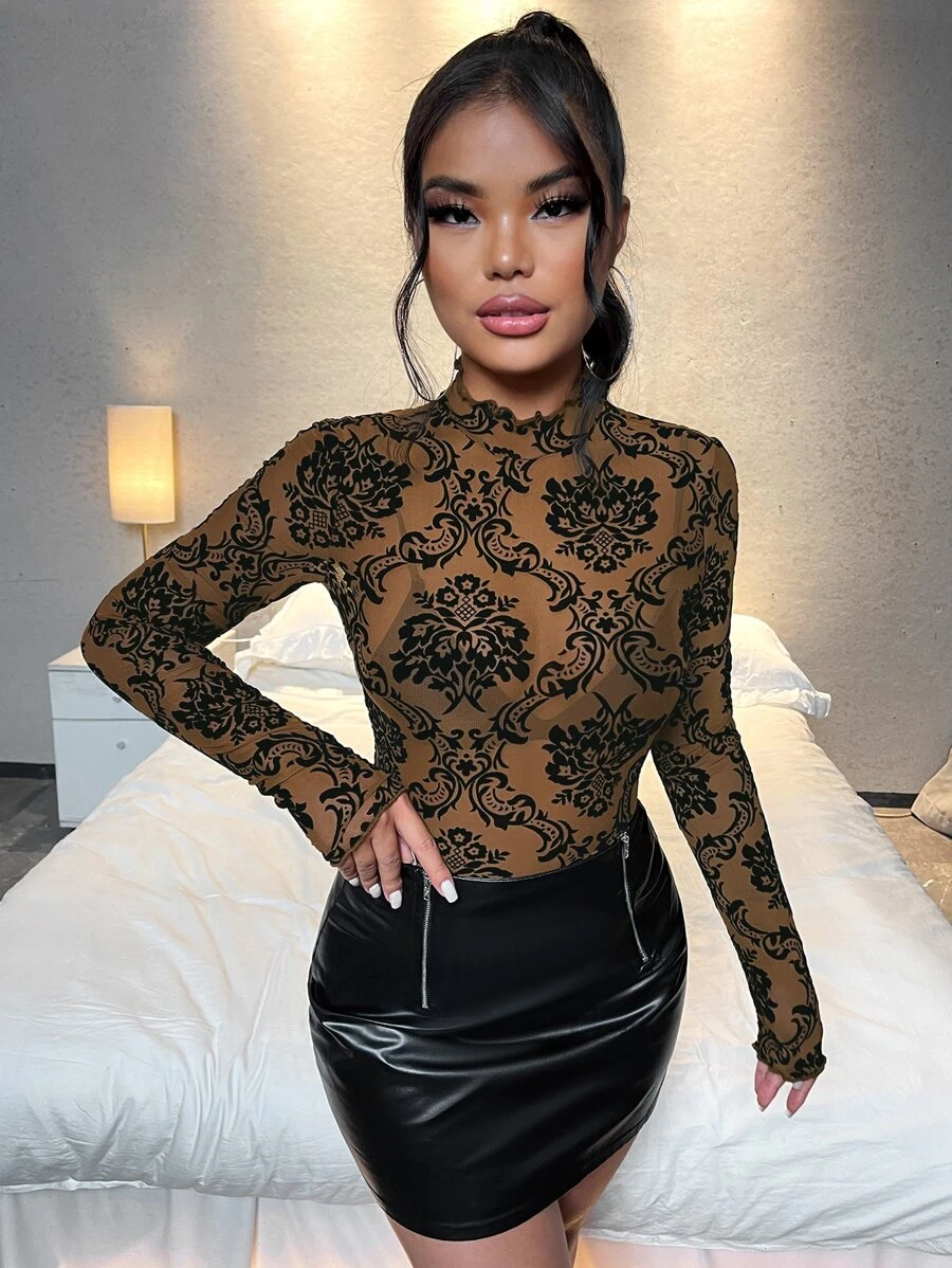 SHEIN Privé Floral Print Lettuce Trim Top - Multicolor - View 1