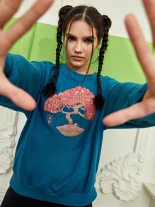 ppmid Áo nỉ Cây & Đồ họa thư Trung Quốc Thả vai - Màu xanh ngọc - Xem 1