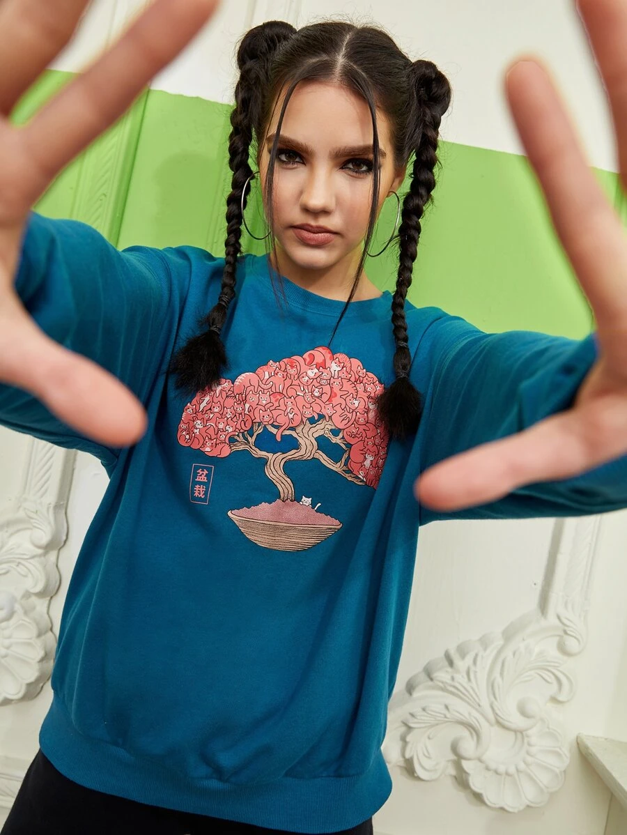 ppmid Áo nỉ Cây & Đồ họa thư Trung Quốc Thả vai - Màu xanh ngọc - Xem 1