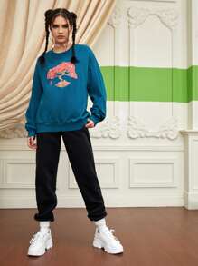 ppmid Áo nỉ Cây & Đồ họa thư Trung Quốc Thả vai - Màu xanh ngọc - Xem 6