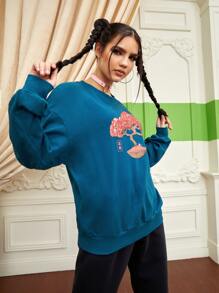 ppmid Áo nỉ Cây & Đồ họa thư Trung Quốc Thả vai - Màu xanh ngọc - Xem 4