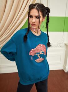 ppmid Áo nỉ Cây & Đồ họa thư Trung Quốc Thả vai - Màu xanh ngọc - Xem 5