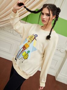 El Rincon Sudadera de hombros caídos con estampado de dibujos animados - Beis - Ver 4