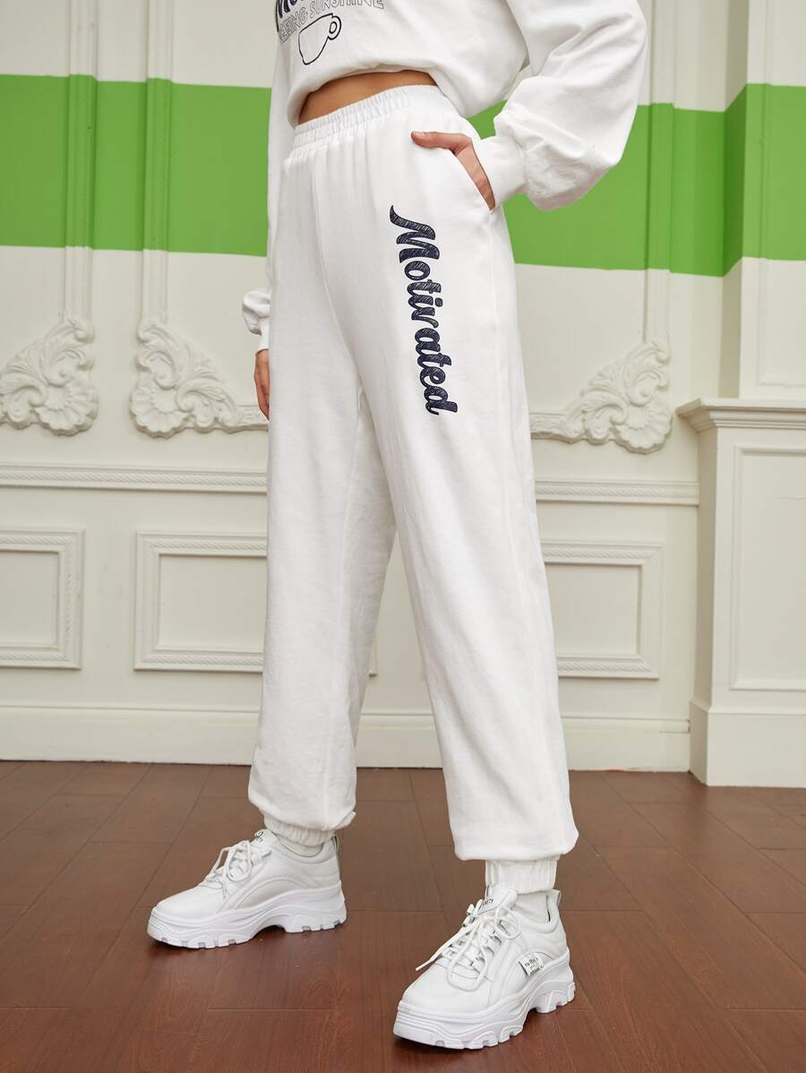 RachelManzano 斜口袋字母圖案束腳褲 - 白色 - 查看 1