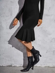 SHEIN Vestido de corte sirena unicolor de cuello cisne - Negro - Ver 4