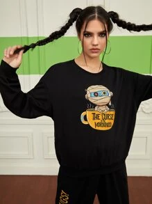 ppmid Cartoon And Slogan Graphic Drop Shoulder Sweatshirt - Black - View 1
