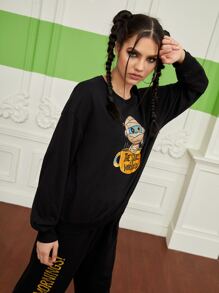ppmid Cartoon And Slogan Graphic Drop Shoulder Sweatshirt - Black - View 3