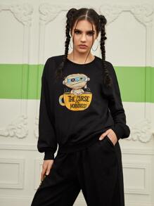 ppmid Cartoon And Slogan Graphic Drop Shoulder Sweatshirt - Black - View 5