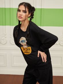 ppmid Cartoon And Slogan Graphic Drop Shoulder Sweatshirt - Black - View 6