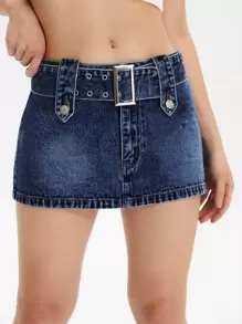 SHEIN ICON 口袋貼布腰帶牛仔半身裙