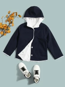 SHEIN Boys Two Way Drop Shoulder Hooded Reversible Coat,In Fall/Winter - Navy Blue - View 1