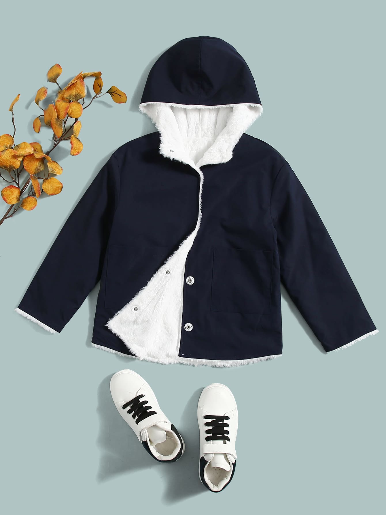 SHEIN Boys Two Way Drop Shoulder Hooded Reversible Coat,In Fall/Winter - Navy Blue - View 1