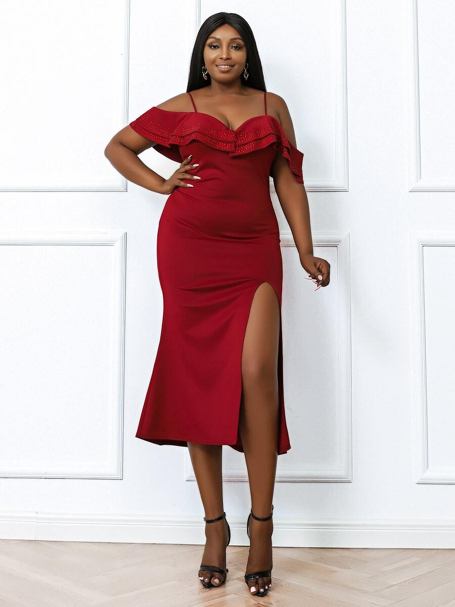 seomiscky Plus Cold Shoulder Ruffle Trim Rhinestone Split Thigh Dress - Burgundy - View 1
