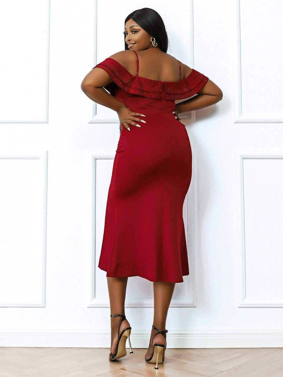 seomiscky Plus Cold Shoulder Ruffle Trim Rhinestone Split Thigh Dress