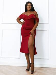 seomiscky Plus Cold Shoulder Ruffle Trim Rhinestone Split Thigh Dress - Burgundy - View 3