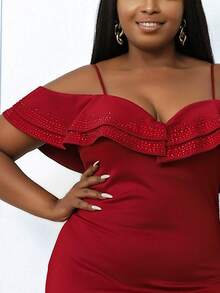 seomiscky Plus Cold Shoulder Ruffle Trim Rhinestone Split Thigh Dress - Burgundy - View 4