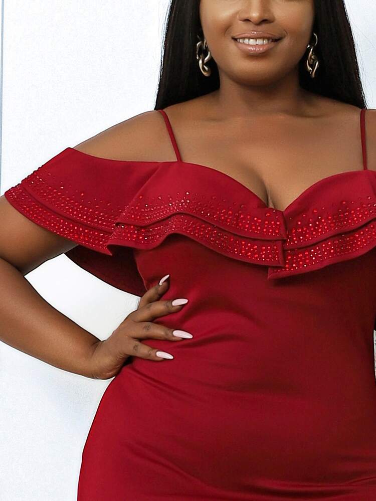 seomiscky 大碼挖肩荷葉邊水鑽高衩洋裝 - 酒紅色 - 查看 4