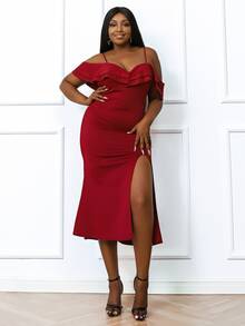 seomiscky Plus Cold Shoulder Ruffle Trim Rhinestone Split Thigh Dress - Burgundy - View 5