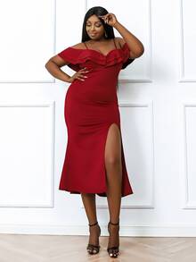 seomiscky Plus Cold Shoulder Ruffle Trim Rhinestone Split Thigh Dress - Burgundy - View 6