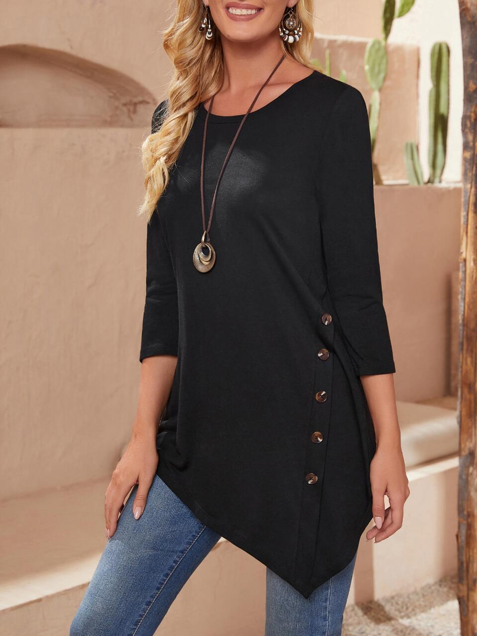 Asymmetrical Hem Button Detail Top