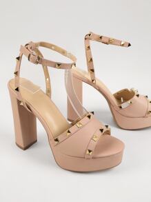 Round Toe Vegan Leather Block Heeled Sandals - Dusty Pink - View 1