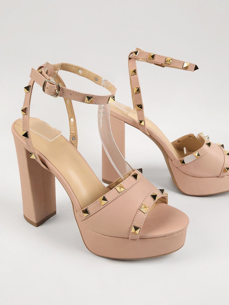 Round Toe Vegan Leather Block Heeled Sandals - Dusty Pink - View 1