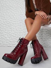 Giày bốt Nữ Thời trang Ren lên màu trơn Dây kéo bên Hấp dẫn - Màu Đỏ Sâu - Xem 1