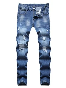 Men Ripped Straight Leg Jeans - Medium Wash - View 1