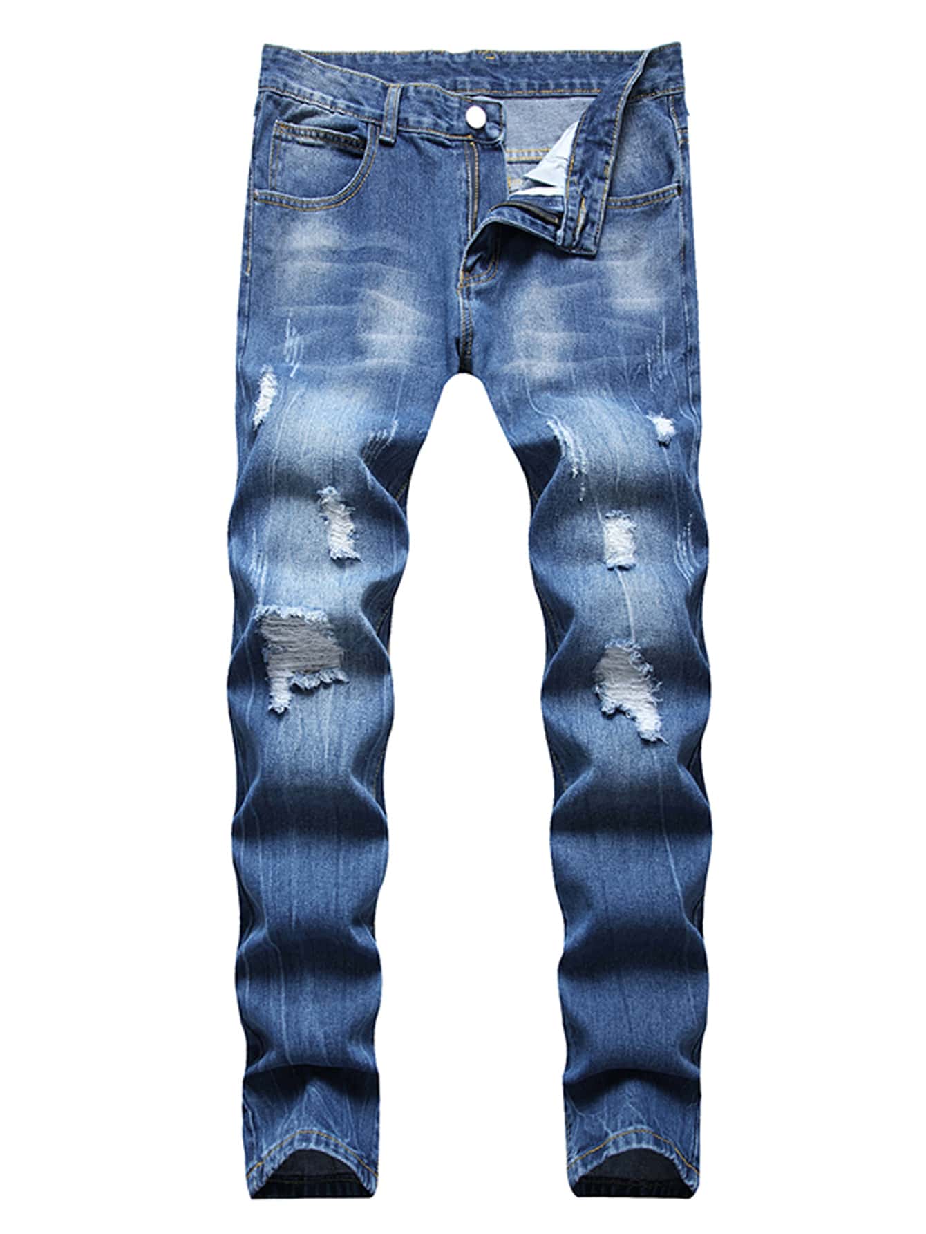 Men Ripped Straight Leg Jeans - Medium Wash - View 1