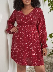 Plus Polka Dot Print Flounce Sleeve Dress - Burgundy - View 1