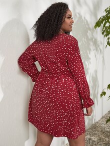 Plus Polka Dot Print Flounce Sleeve Dress - Burgundy - View 2