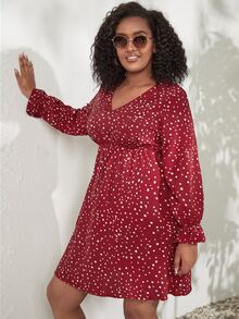 Plus Polka Dot Print Flounce Sleeve Dress - Burgundy - View 4