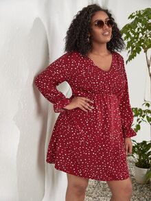 Plus Polka Dot Print Flounce Sleeve Dress - Burgundy - View 5