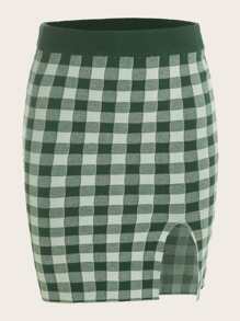 SHEIN MOD Plus Gingham Pattern Split Hem Knit Skirt - Multicolor - View 1