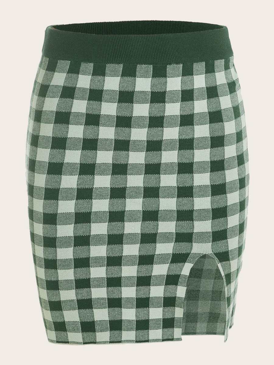 SHEIN MOD Plus Gingham Pattern Split Hem Knit Skirt - Multicolor - View 1