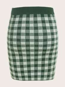 SHEIN MOD Plus Gingham Pattern Split Hem Knit Skirt - Multicolor - View 2