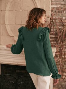 SHEIN Frenchy V Neck Ruffle Lace Trim Flounce Sleeve Blouse Winter Green Casual Christmas - Dark Green - View 2