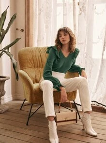 SHEIN Frenchy V Neck Ruffle Lace Trim Flounce Sleeve Blouse Winter Green Casual Christmas - Dark Green - View 3