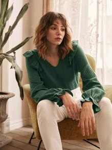 SHEIN Frenchy V Neck Ruffle Lace Trim Flounce Sleeve Blouse Winter Green Casual Christmas - Dark Green - View 4
