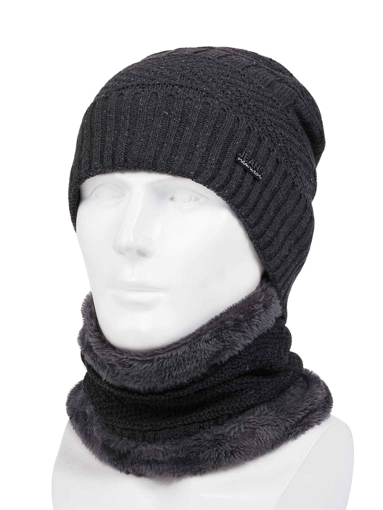 男士字母細節豆豆帽和無窮圍巾 - 深灰色 - 查看 1