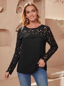 SHEIN Lace Yoke & Sleeve Frill Trim Top - Black - View 1