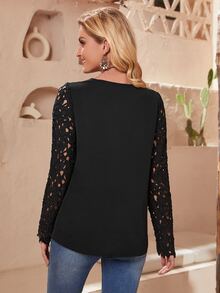 SHEIN Lace Yoke & Sleeve Frill Trim Top - Black - View 2