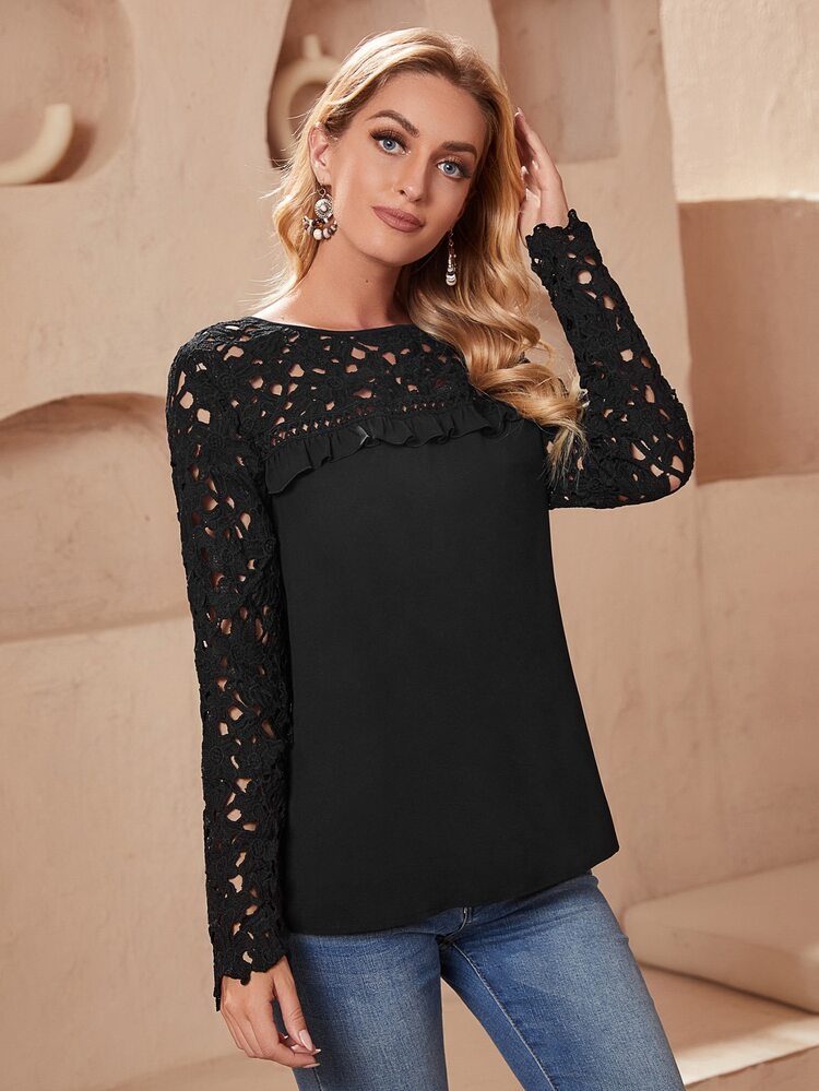 SHEIN Lace Yoke & Sleeve Frill Trim Top - Black - View 3